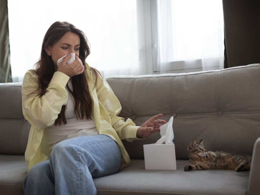 Junge Frau hat fließende Nase wegen Allergie auf Katze